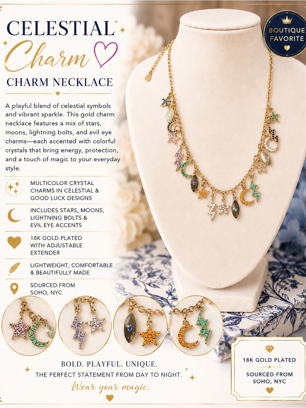 ✨🧿🌙🪬🌟⚡️✨multicolor celestial Charm necklace, 18K Gold Plated, purchased in Soho✨